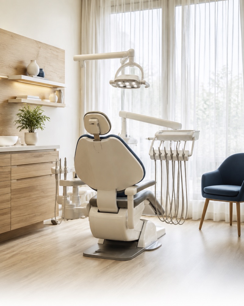 Illustrative sunlit dental studio with a modern treatment chair