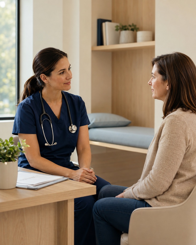 Illustrative physician listening to a patient in a welcoming consultation room