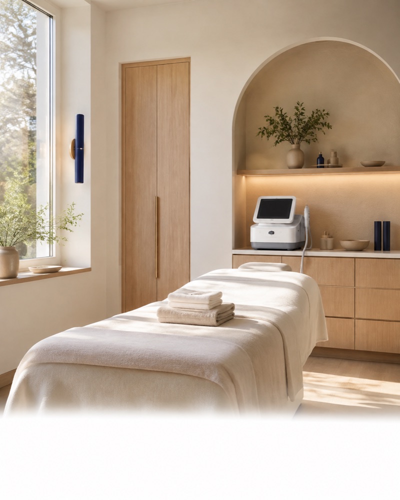 Illustrative med spa suite with soft daylight and natural finishes
