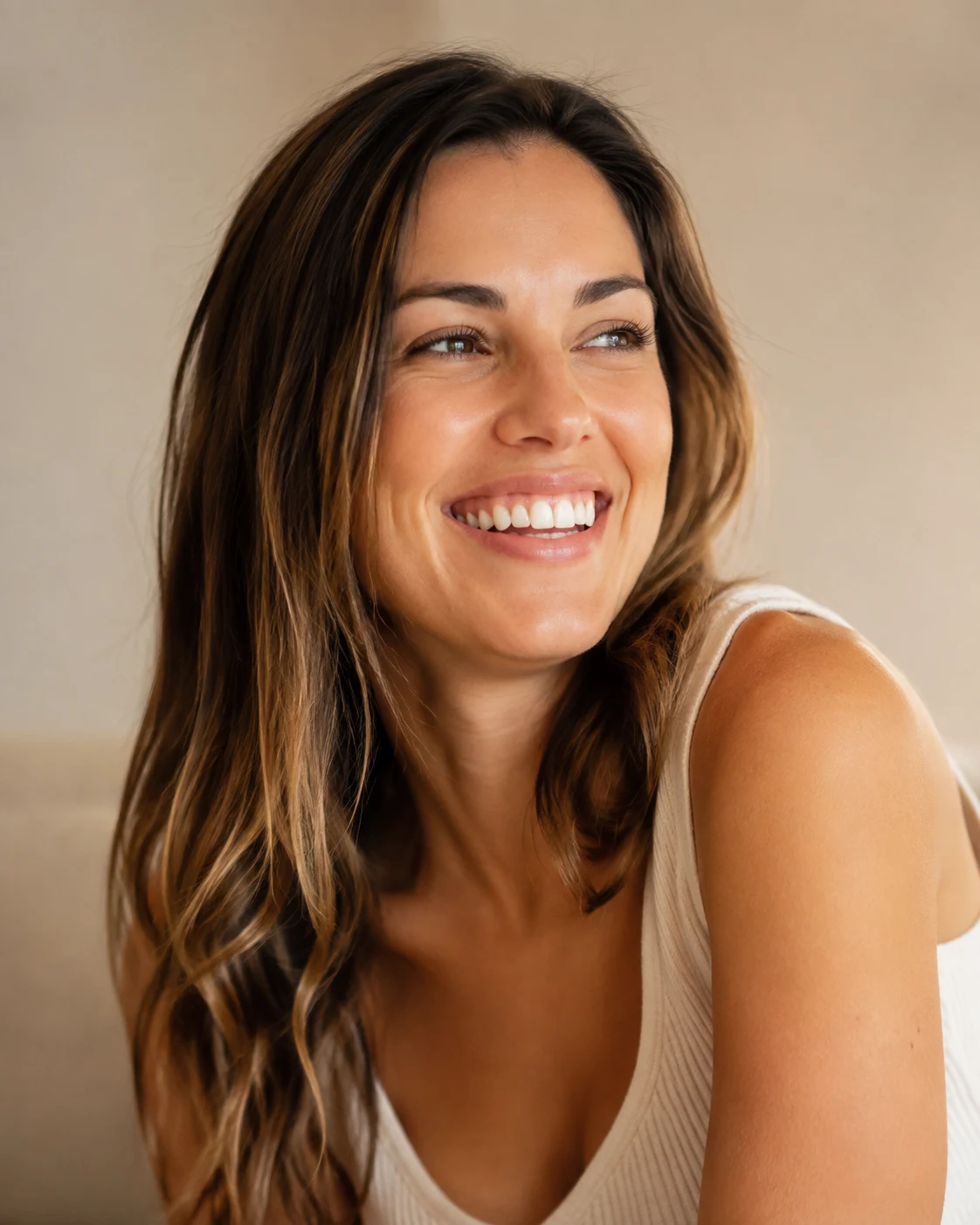Illustrative portrait of a woman with a relaxed, natural smile
