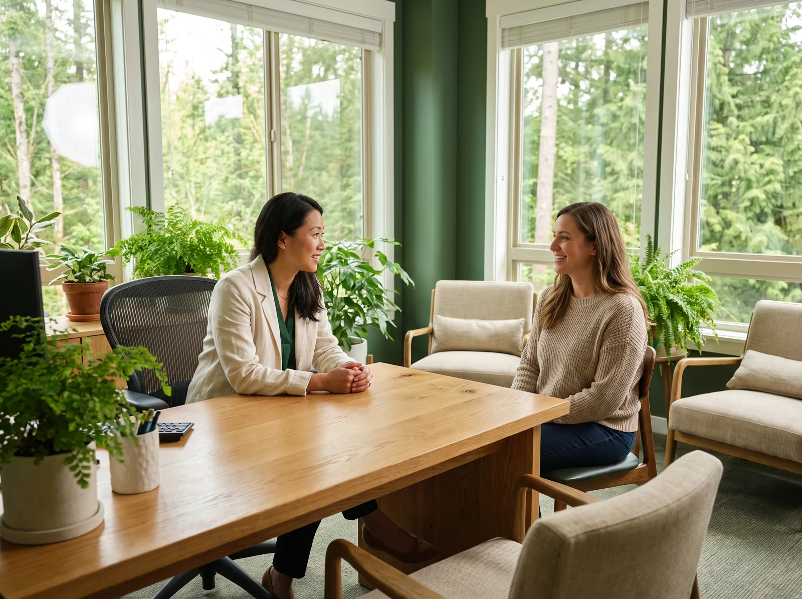 Illustrative doctor listening to a patient in a bright consultation room