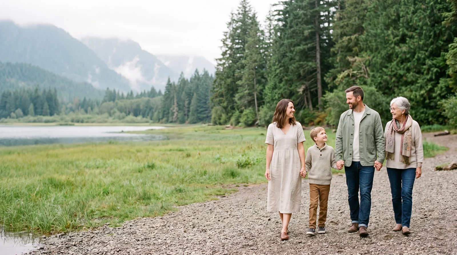 A family enjoying a lakeside walk